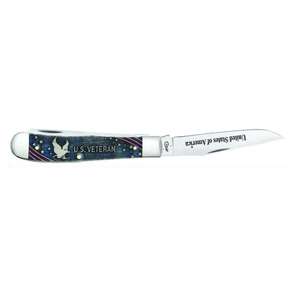 Case Knives U.S. Veteran Gift Set Embellished Smooth Natural Bone with Blue/Red Color Wash Trapper