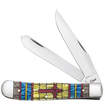 Case Knives Smooth Natural Bone Stained Glass Trapper "Cross" in Jewel Box