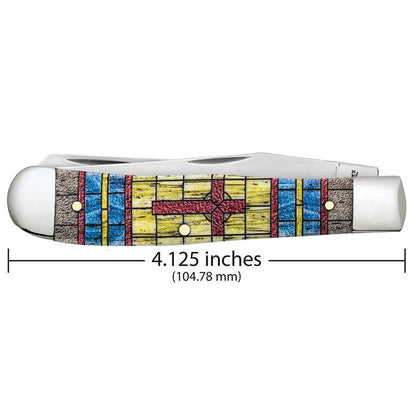 Case Knives Smooth Natural Bone Stained Glass Trapper "Cross" in Jewel Box