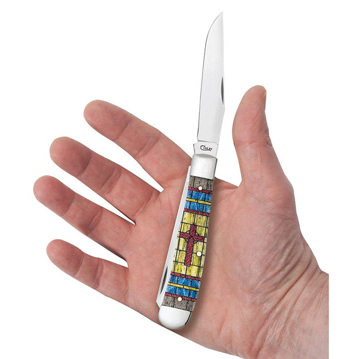 Case Knives Smooth Natural Bone Stained Glass Trapper "Cross" in Jewel Box