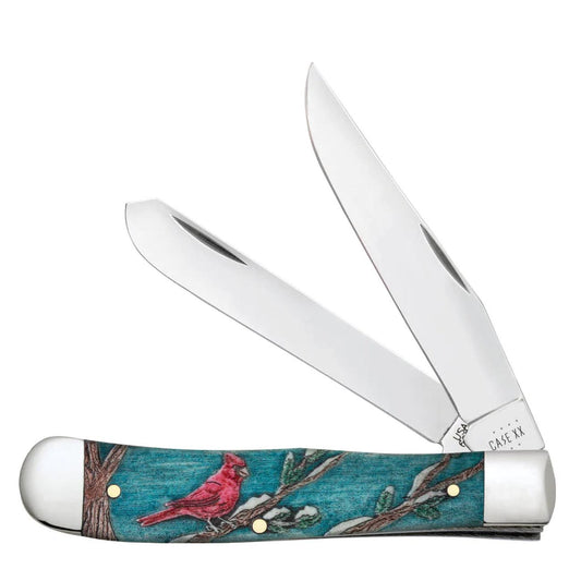 Case Knives Embellished Smooth Natural Bone with Color Wash Trapper Cardinal in Velvet Box