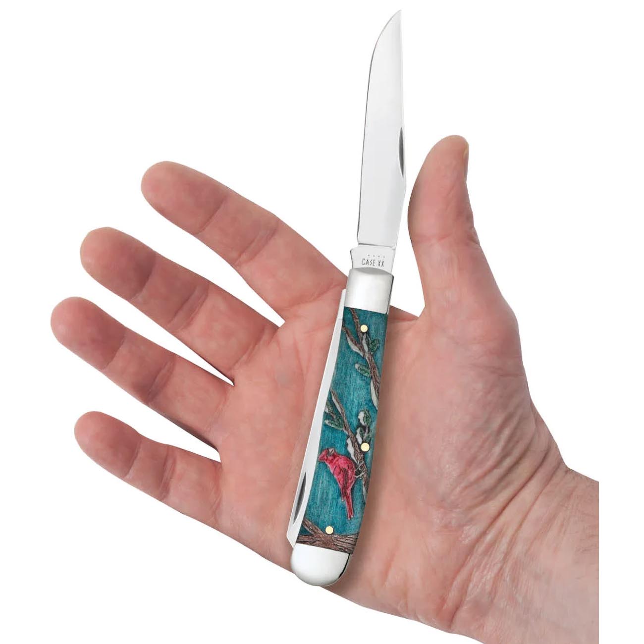 Case Knives Embellished Smooth Natural Bone with Color Wash Trapper Cardinal in Velvet Box