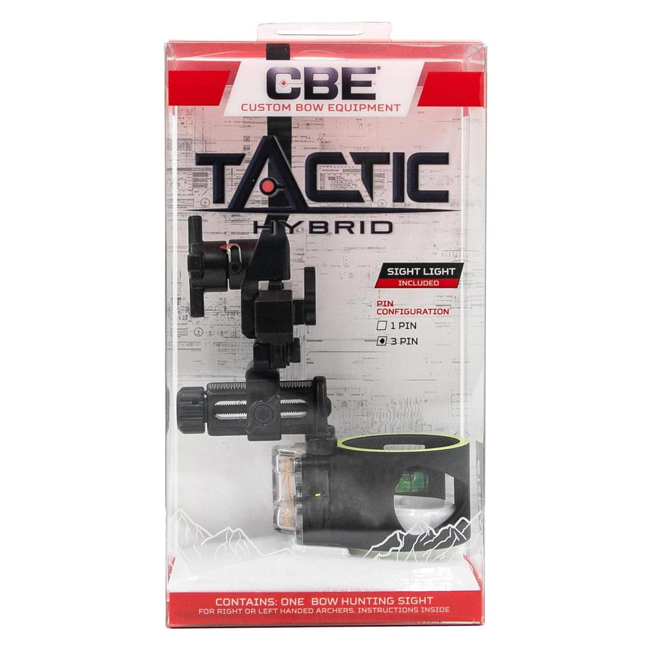 CBE Archery Tactic Hybrid 3-Pin Bow Sight with 0.019 Fibers (Ambidextrous)