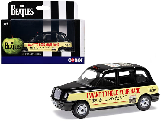 The Beatles London Taxi RHD (Right Hand Drive) "I Want To Hold Your Hand" Black and Cream with Graphics T&y Diecast Model by Corgi