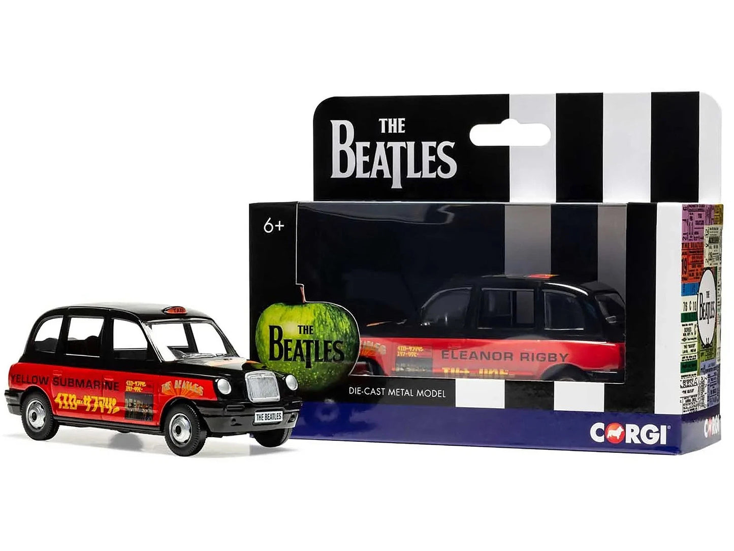 The Beatles London Taxi RHD (Right Hand Drive) "Eleanor Rigby - Yellow Submarine" Black and Red with Graphics Diecast Model by Corgi