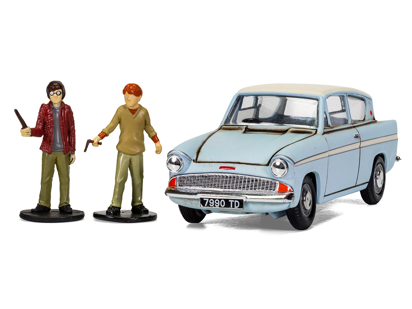 Flying Ford Anglia RHD (Right Hand Drive) Light Blue with White Top (Weathered) with Harry and Ron Figures "Harry Potter" Movie Series Diecast Model by Corgi