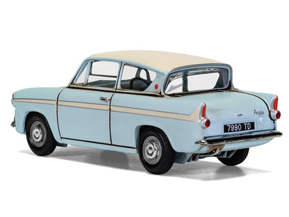 Flying Ford Anglia RHD (Right Hand Drive) Light Blue with White Top (Weathered) with Harry and Ron Figures "Harry Potter" Movie Series Diecast Model by Corgi