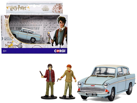 Flying Ford Anglia RHD (Right Hand Drive) Light Blue with White Top (Weathered) with Harry and Ron Figures "Harry Potter" Movie Series T&y Diecast Model by Corgi