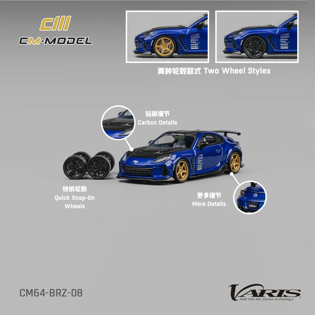 Subaru BRZ Varis Arising-1 RHD (Right Hand Drive) Blue Metallic with Carbon Hood and Top and Extra Wheels 1/64 Diecast Model Car by CM Models