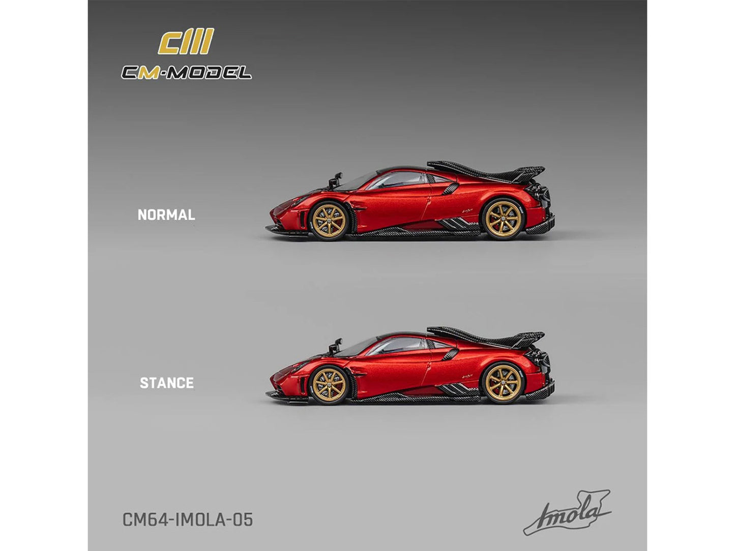 Pagani Imola Red Metallic with Carbon Top and Stripes with Extra Wheels 1/64 Diecast Model Car by CM Model