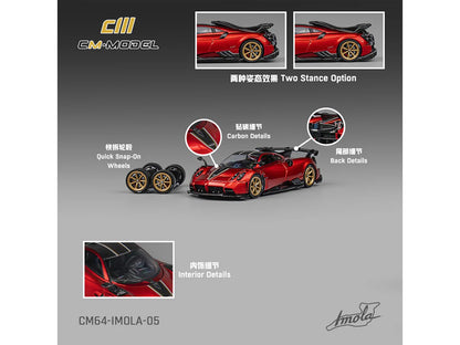 Pagani Imola Red Metallic with Carbon Top and Stripes with Extra Wheels 1/64 Diecast Model Car by CM Model
