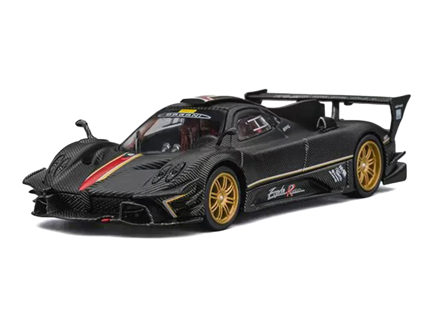 Pagani Zonda Revolucion Carbon with Red and Gold Stripes and Extra Wheels 1/64 Diecast Model Car by CM Models