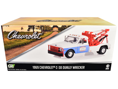 1969 Chevrolet C-30 Dually Wrecker Tow Truck White and Blue "Hazzard County Garage" 1/18 T&y Diecast Model Car by Greenlight