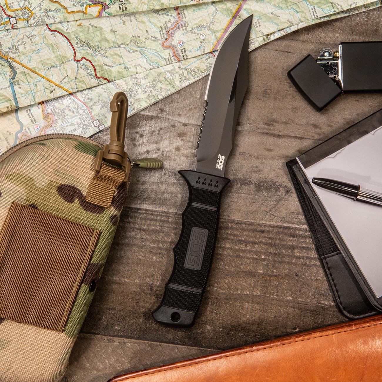 SOG SEAL Pup Elite - Fixed Serrated Blade - Kydex Sheath - Black TiNi Partially Serrated Knife