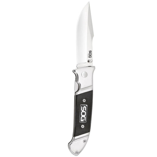 SOG Fielder Folding Knife 3.3" Satin Clip Point Blade Black G10 Handles