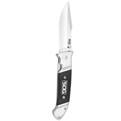 SOG Fielder Folding Knife 3.3" Satin Clip Point Blade Black G10 Handles