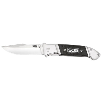 SOG Fielder Folding Knife 3.3" Satin Clip Point Blade Black G10 Handles