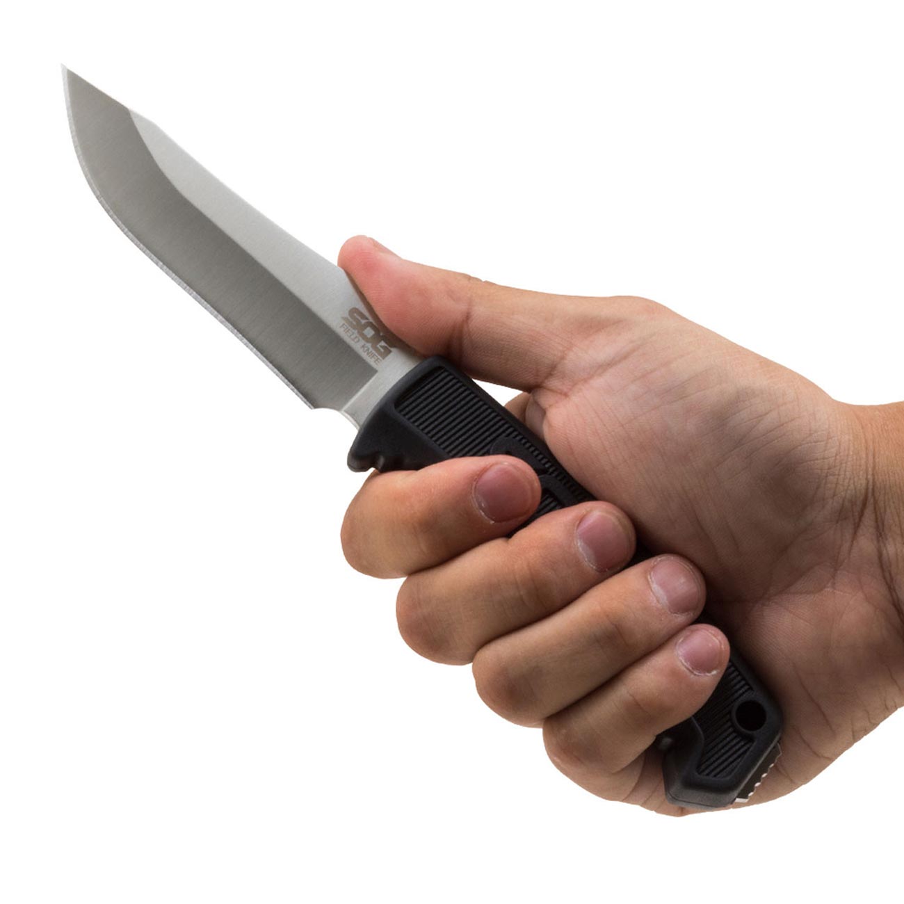 Field Knife Fixed 4" Satin Plain Clip Point Blade Thermoplastic Rubber Handles GRN Sheath
