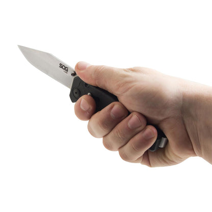 SOG Flare Assisted Folding Knife 3.5" Satin Plain Blade Black GRN Handles