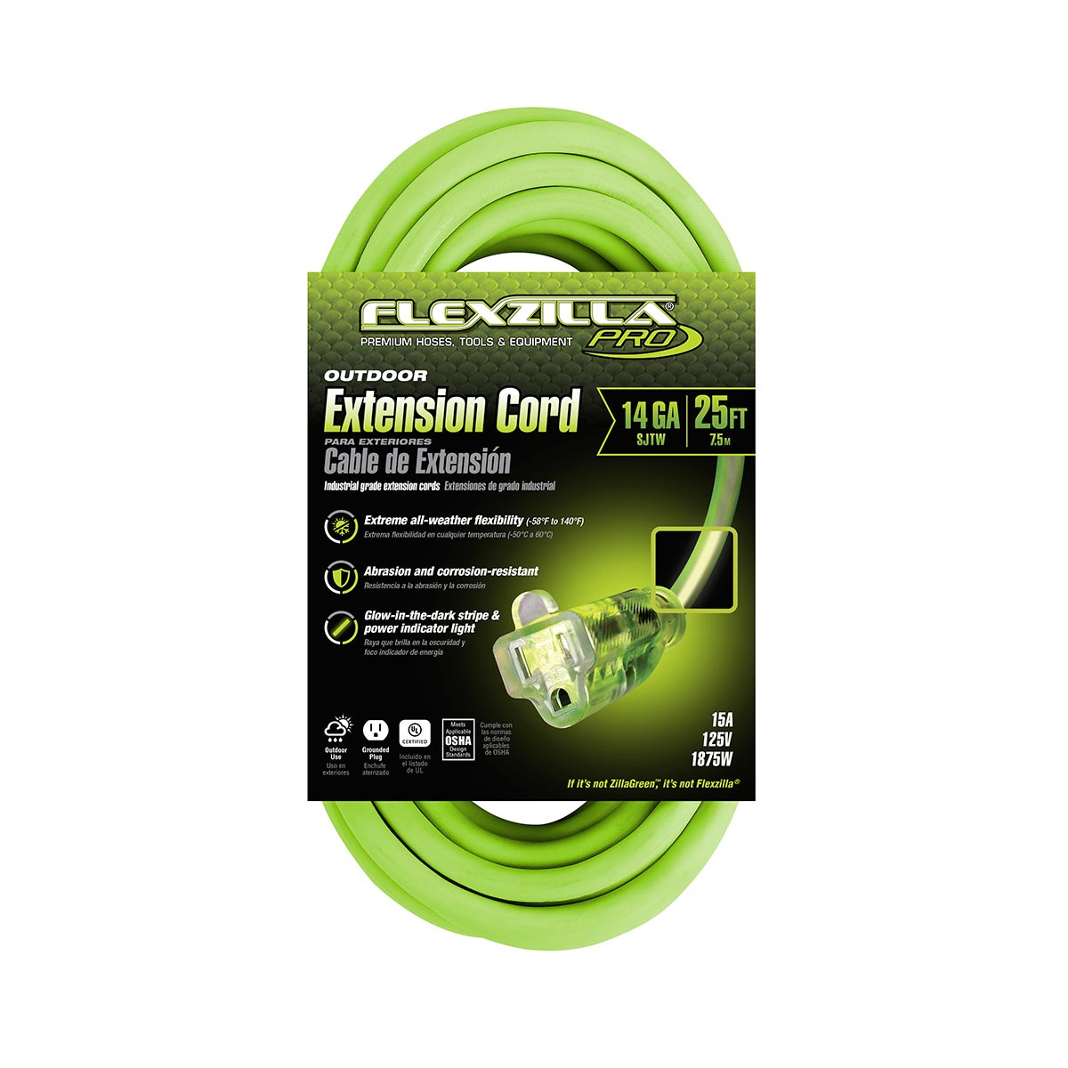 Flexzilla® Pro Extension Cord 14/3 AWG SJTW 25' Outdoor Lighted Plug ZillaGreen™