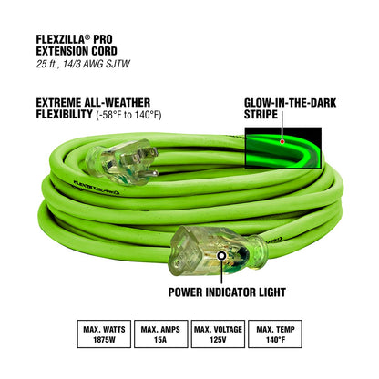 Flexzilla® Pro Extension Cord 14/3 AWG SJTW 25' Outdoor Lighted Plug ZillaGreen™