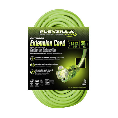 Flexzilla® Pro Extension Cord 14/3 AWG SJTW 50' Outdoor Lighted Plug ZillaGreen™