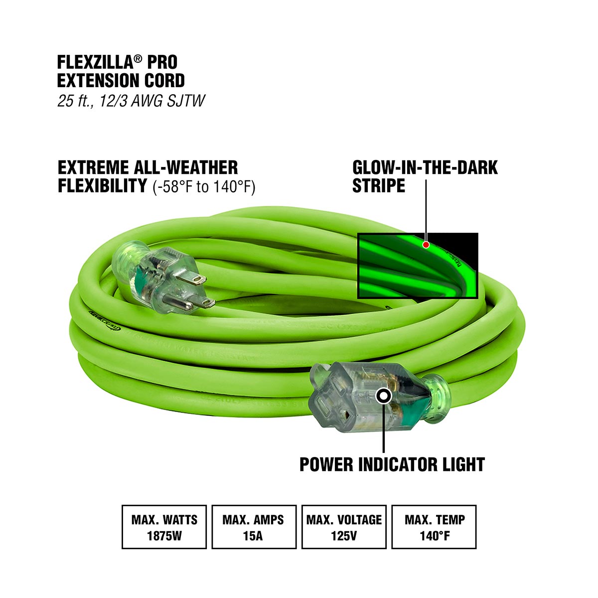 Flexzilla® Pro Extension Cord 12/3 AWG SJTW 25' Outdoor Lighted Plug ZillaGreen™