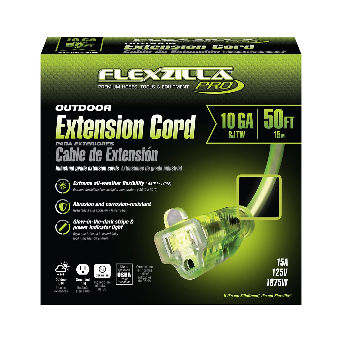 Flexzilla® Pro Extension Cord 10/3 AWG SJTW 50' Outdoor Lighted Plug ZillaGreen™