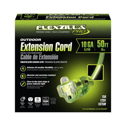 Flexzilla® Pro Extension Cord 10/3 AWG SJTW 50' Outdoor Lighted Plug ZillaGreen™