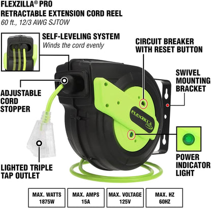 Flexzilla Pro Retractable 60' 12/3AWG Extension Cord Reel
