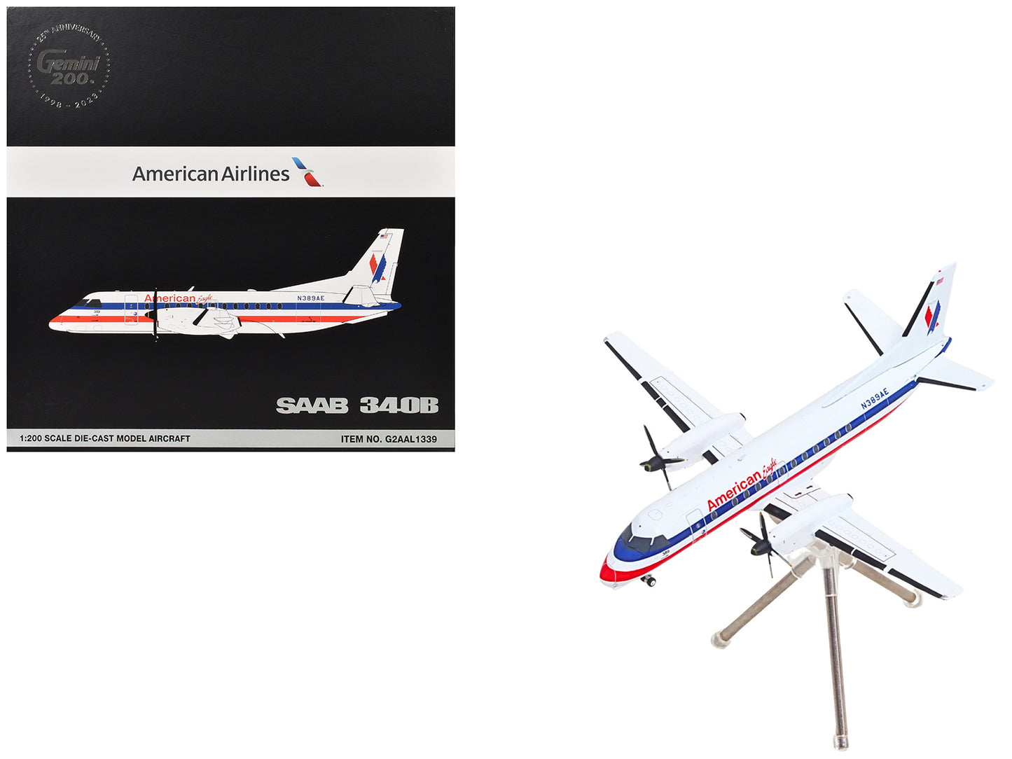 Saab 340B Commercial Aircraft "American Eagle" (N389AE) White with Red and Blue Stripes "Gemini 200" Series 1/200 Diecast Model Airplane by GeminiJets <h2>Saab GeminiJets</h2> <p>High-quality car perf