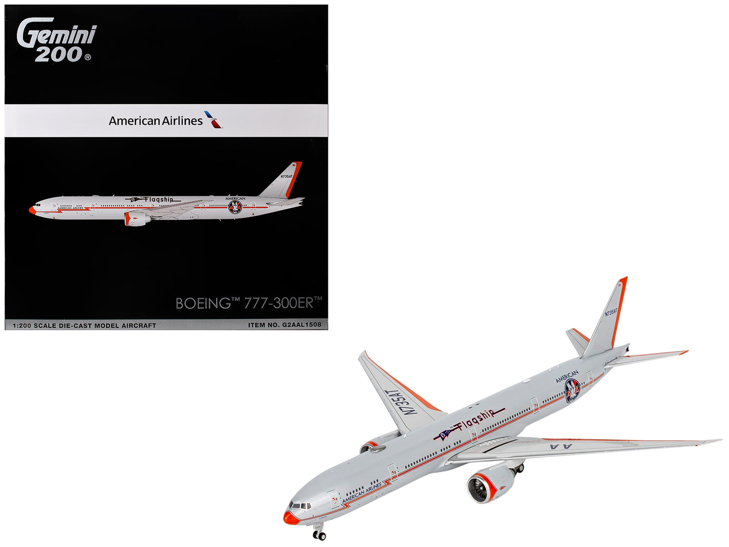 Boeing 777-300ER Commercial Aircraft "American Airlines - Flagship DFW" (N735AT) Silver with Otange Stripes "Gemini 200" Series 1/200 Diecast Model by GeminiJets <h2>Boeing GeminiJets</h2> <p>High-qua