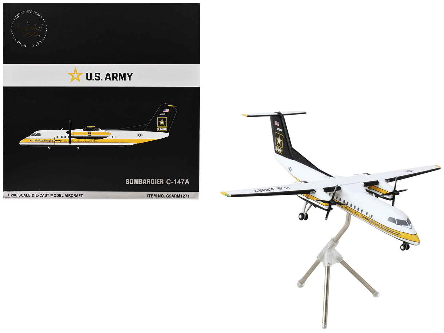 Bombardier C-147A Transport Aircraft "Golden Knights Parachute Team" United States Army (17-01610) White with Yellow Stripes and Black Tail "Gemini 200" Series 1/200 Diecast Model Airplane by GeminiJe