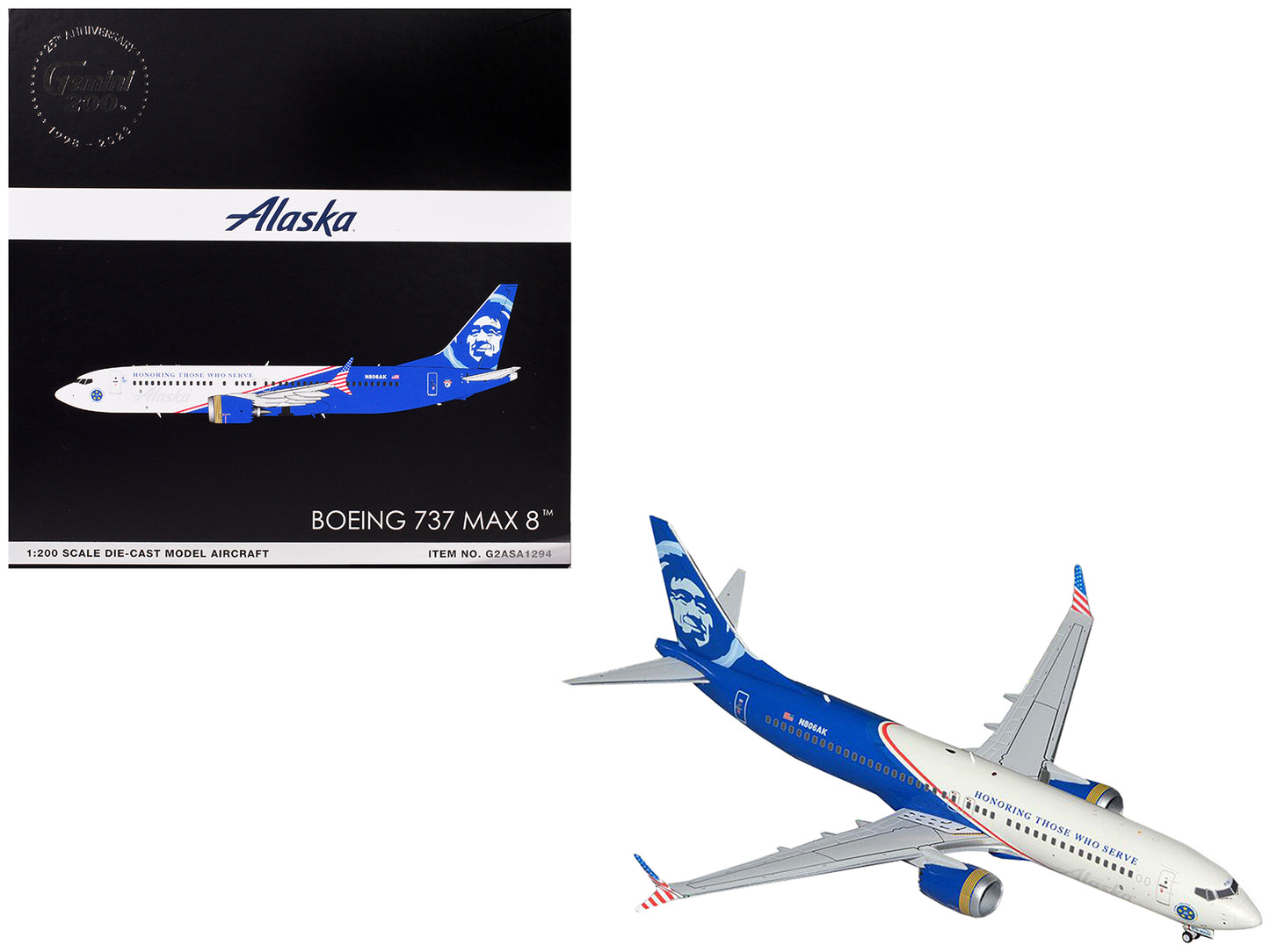 Boeing 737 MAX 8 Commercial Aircraft "Alaska Airlines - Honoring Those Who Serve" (N806AK) White and Blue "Gemini 200" Series 1/200 Diecast Model Airplane by GeminiJets <h2>Boeing GeminiJets</h2> <p>H