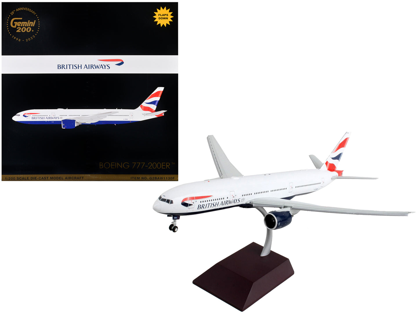Boeing 777-200ER Commercial Aircraft with Flaps Down "British Airways" White Striped Tail "Gemini 200" Series 1/200 Diecast Model Airplane by GeminiJets <h2>Boeing GeminiJets</h2> <p>High-quality car