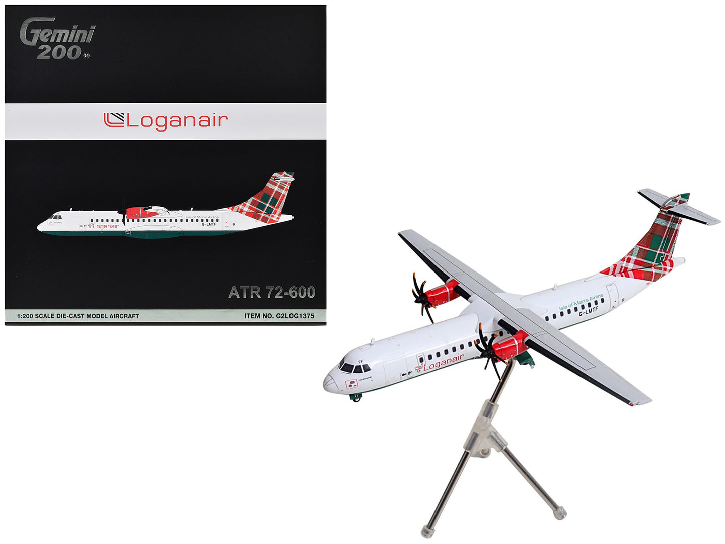 ATR 72-600 Commercial Aircraft "Loganair - Isle of Man's Airline" (G-LMTF) White with Green and Red Plaid Tail "Gemini 200" Series 1/200 Diecast Model Airplane by GeminiJets <h2>ATR GeminiJets</h2> <p