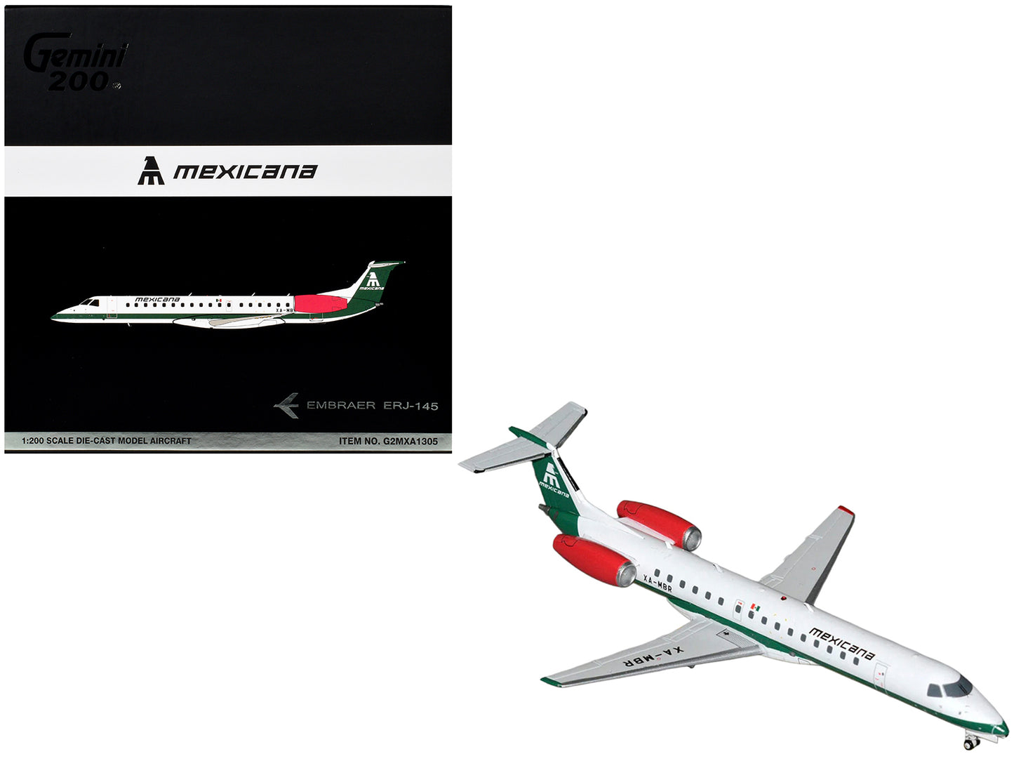 Embraer ERJ-145 Commercial Aircraft "Mexicana de Aviacion" (XA-MBR) White with Green Stripes and Tail "Gemini 200" Series 1/200 Diecast Model by GeminiJets <h2>Embraer GeminiJets</h2> <p>High-quality