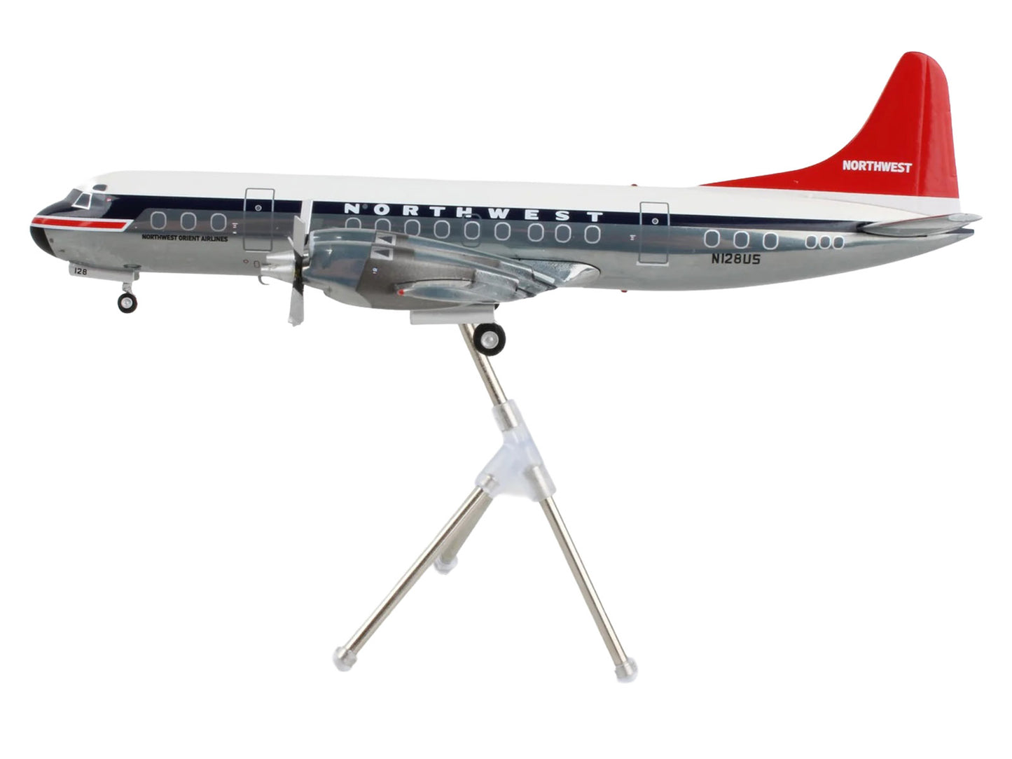 Lockheed L-188 Electra Commercial Aircraft "Northwest Orient" (N128US) White and Gray with Blue Stripes Red Tail "Gemini 200" Series 1/200 Diecast Model Airplane by GeminiJets <h2>Lockheed GeminiJets<
