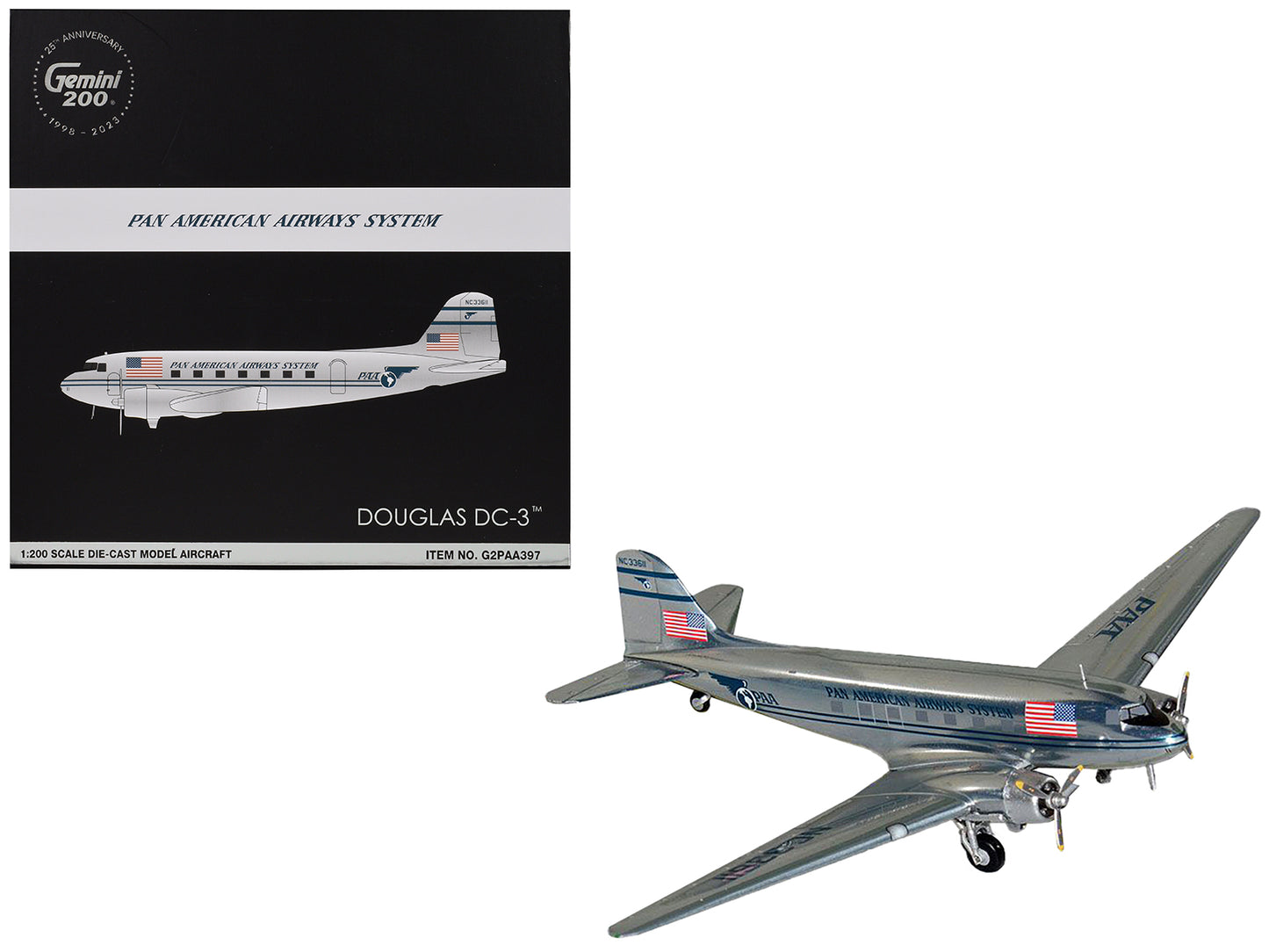 Douglas DC-3 Commercial Aircraft "Pan American Airways" (NC33611) Polished Metal Finish "Gemini 200" Series 1/200 Diecast Model Airplane by GeminiJets <h2>Douglas GeminiJets</h2> <p>High-quality car p