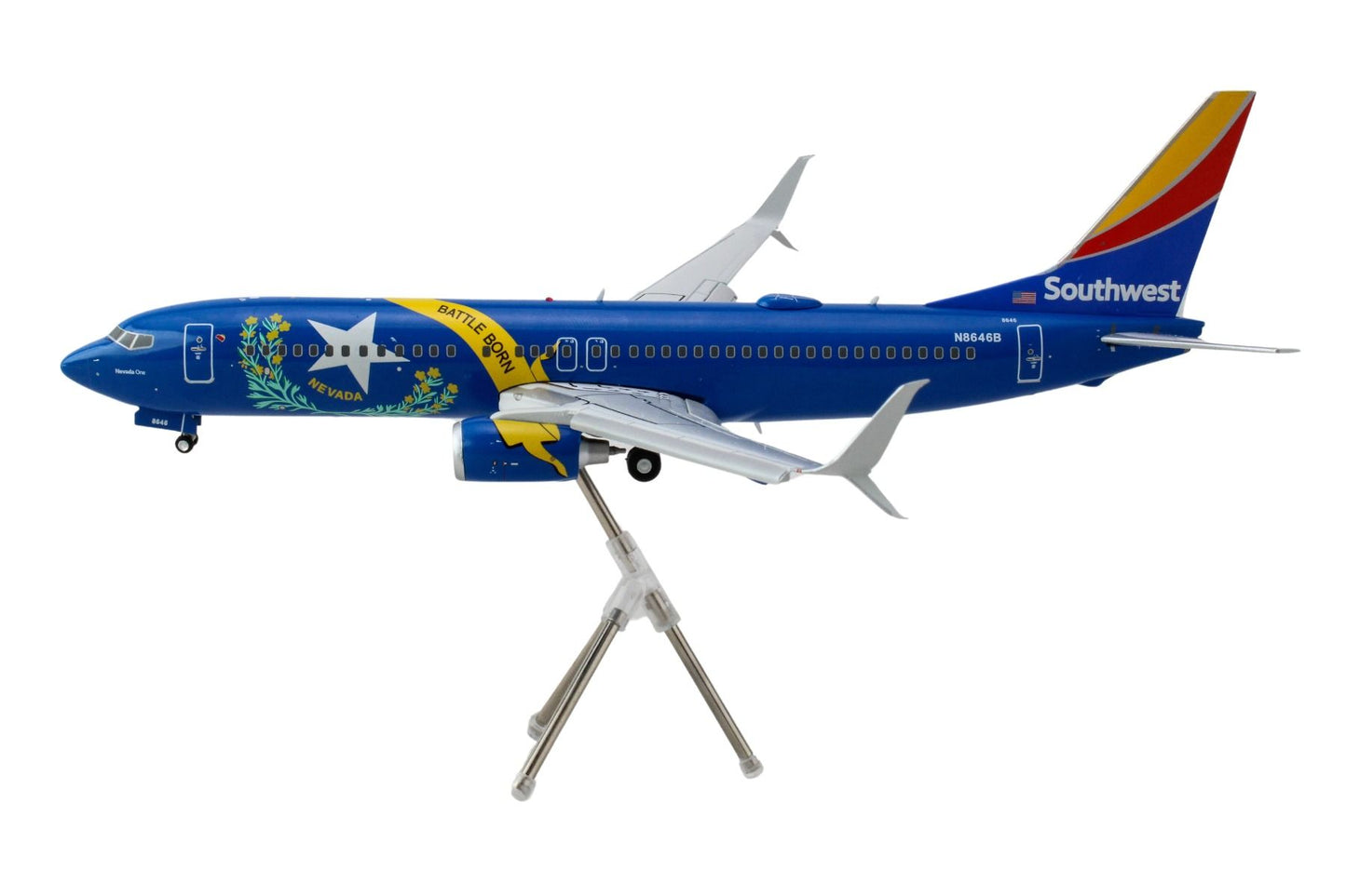 Boeing 737-800 Commercial Aircraft with Flaps Down "Southwest Airlines - Nevada One" (N8646B) Blue Tail Stripes "Gemini 200" Series 1/200 Diecast Model Airplane by GeminiJets <h2>Boeing GeminiJets</h2
