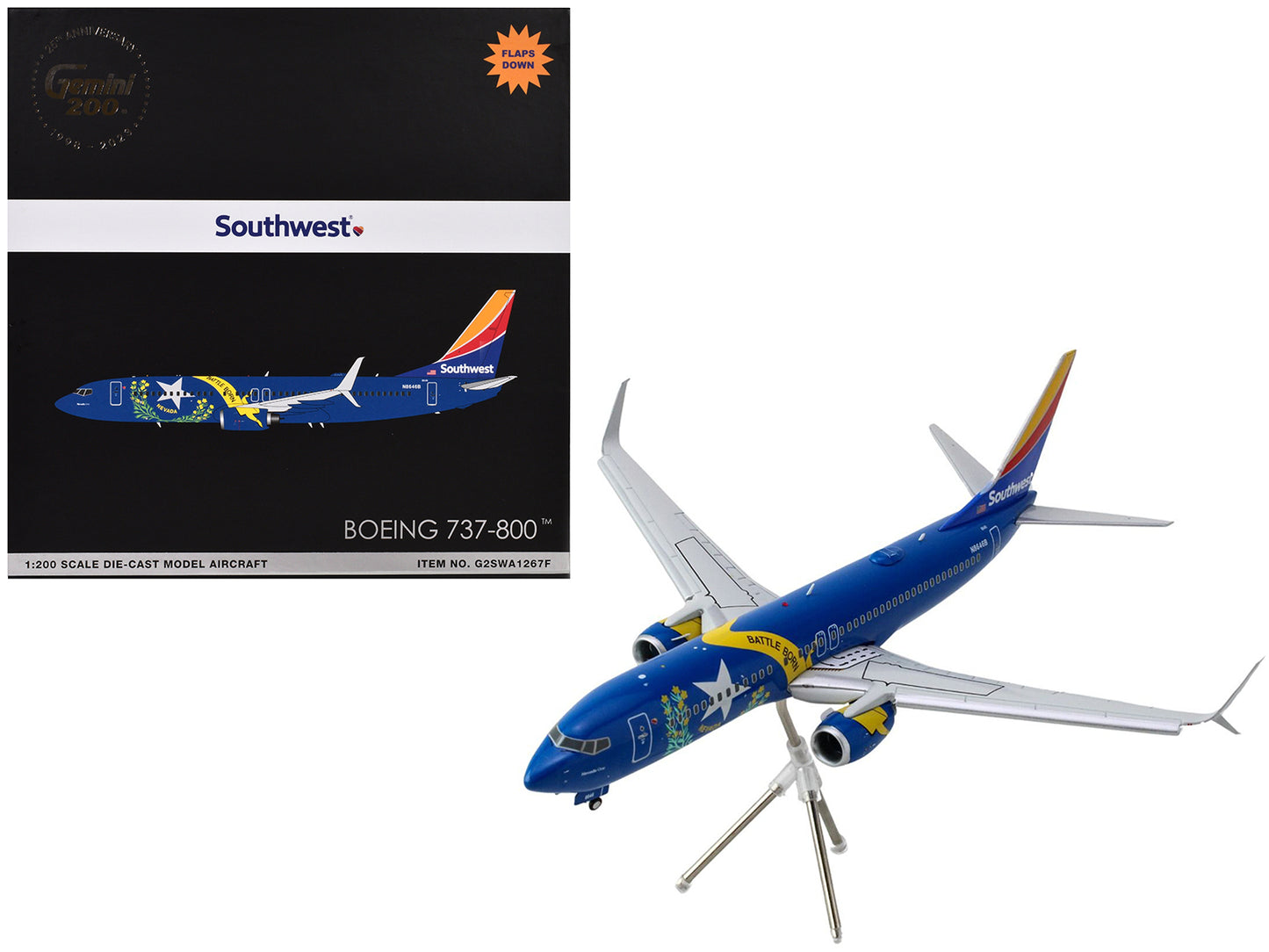 Boeing 737-800 Commercial Aircraft with Flaps Down "Southwest Airlines - Nevada One" (N8646B) Blue Tail Stripes "Gemini 200" Series 1/200 Diecast Model Airplane by GeminiJets <h2>Boeing GeminiJets</h2