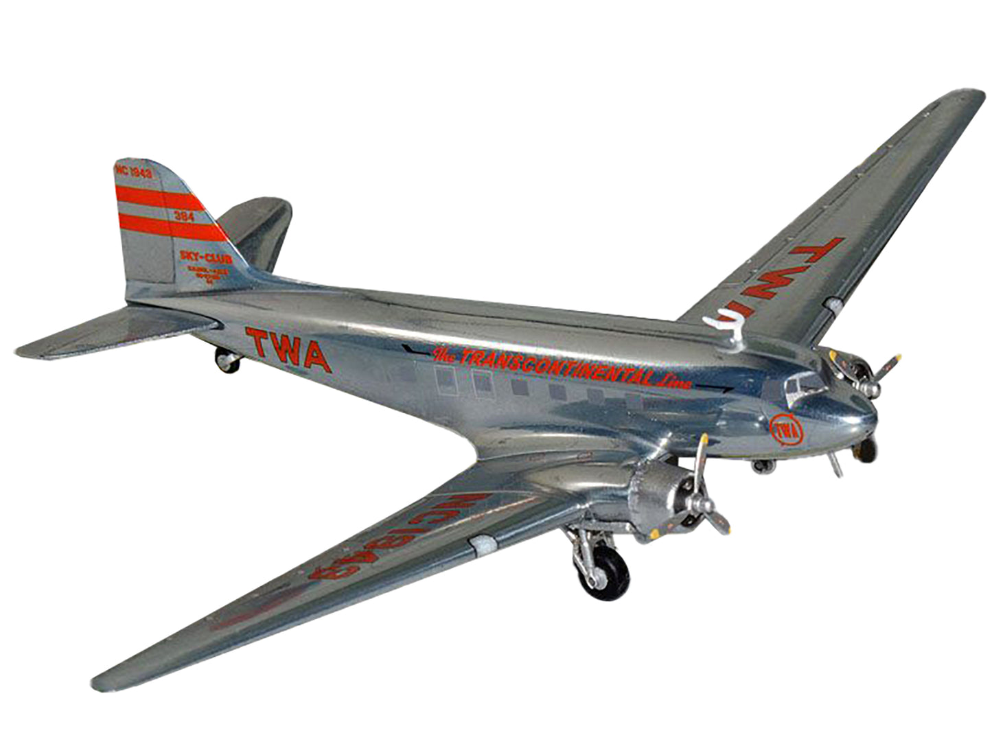 Douglas DC-3 Commercial Aircraft "TWA (Trans World Airlines)" (NC1943) Polished Metal Finish with Red Tail Stripes "Gemini 200" Series 1/200 Diecast Model Airplane by GeminiJets <h2>Douglas GeminiJets