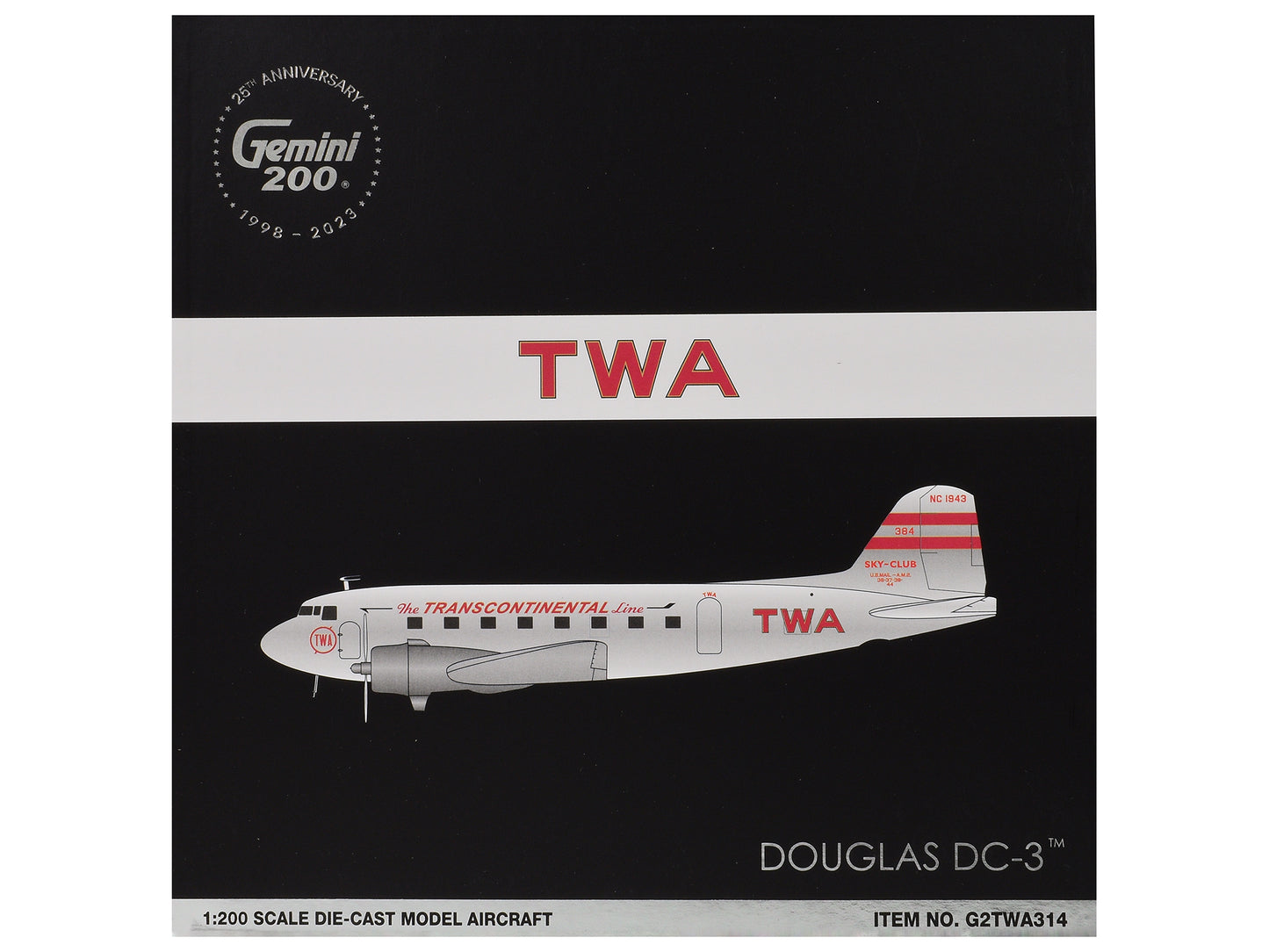 Douglas DC-3 Commercial Aircraft "TWA (Trans World Airlines)" (NC1943) Polished Metal Finish with Red Tail Stripes "Gemini 200" Series 1/200 Diecast Model Airplane by GeminiJets <h2>Douglas GeminiJets