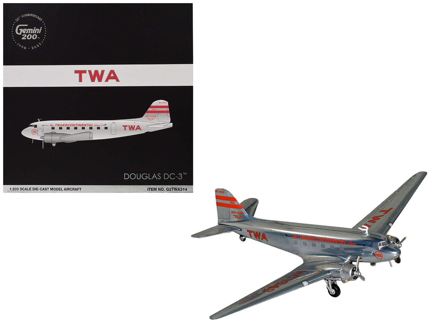 Douglas DC-3 Commercial Aircraft "TWA (Trans World Airlines)" (NC1943) Polished Metal Finish with Red Tail Stripes "Gemini 200" Series 1/200 Diecast Model Airplane by GeminiJets <h2>Douglas GeminiJets