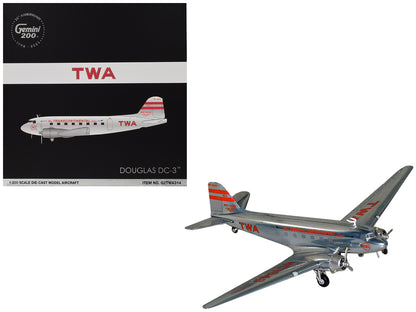 Douglas DC-3 Commercial Aircraft "TWA (Trans World Airlines)" (NC1943) Polished Metal Finish with Red Tail Stripes "Gemini 200" Series 1/200 Diecast Model Airplane by GeminiJets <h2>Douglas GeminiJets