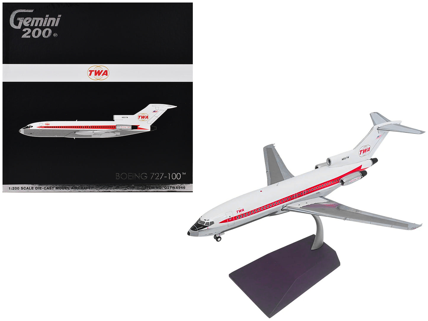 Boeing 727-100 Commercial Aircraft "Trans World Airlines (TWA)" (N851TW) White with Red Stripes "Gemini 200" Series 1/200 Diecast Model Airplane by GeminiJets <h2>Boeing GeminiJets</h2> <p>High-qualit