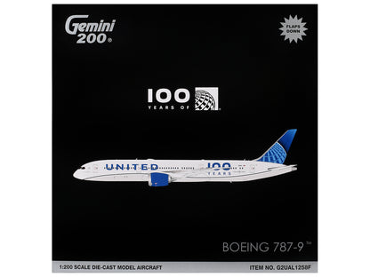 Boeing 787-9 Commercial Aircraft with Flaps Down "United Airlines 100 Years" (N61101) White Graphics and Blue Tail "Gemini 200" Series 1/200 Diecast Model by GeminiJets <h2>Boeing GeminiJets</h2> <p>H