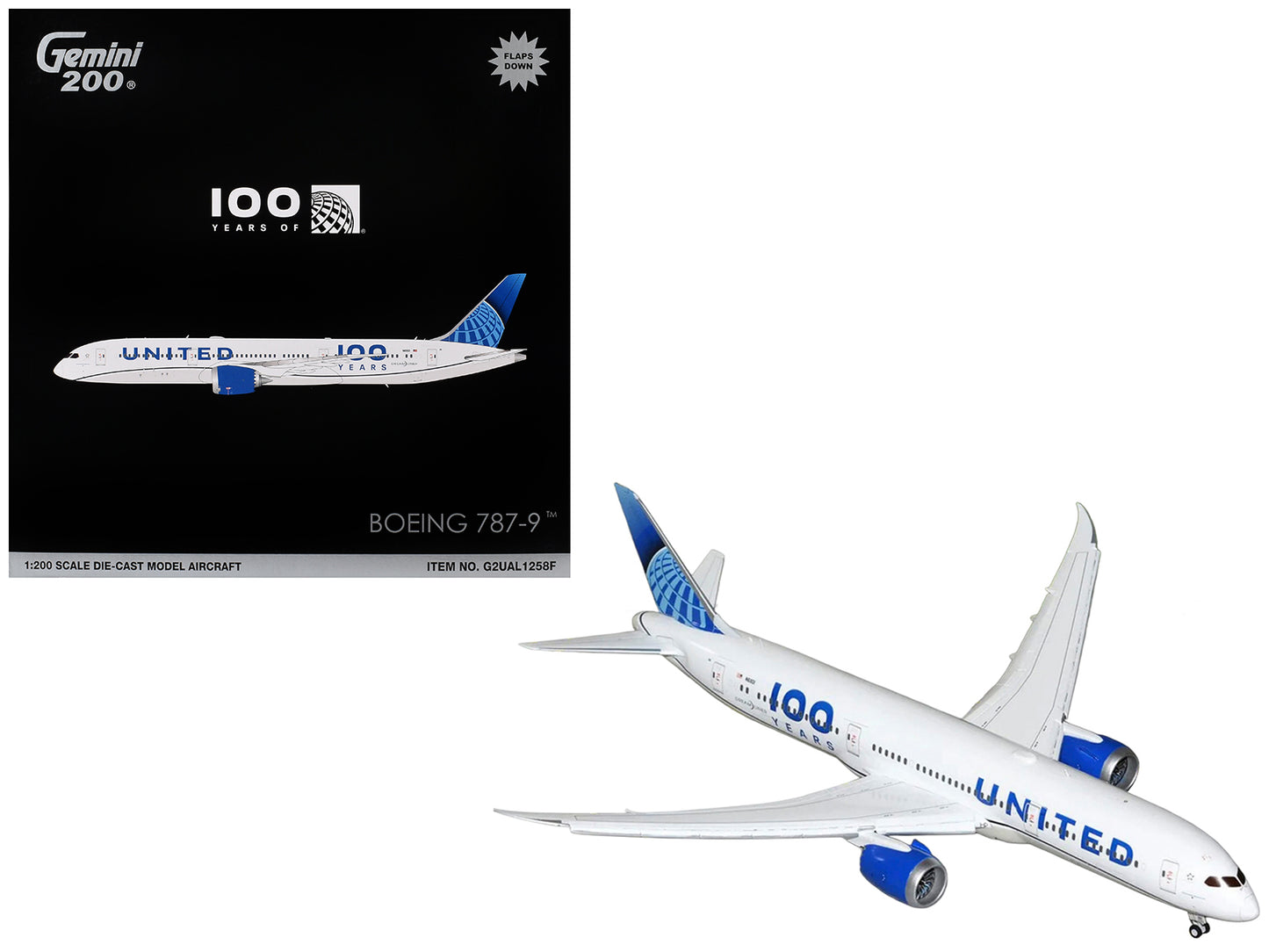 Boeing 787-9 Commercial Aircraft with Flaps Down "United Airlines 100 Years" (N61101) White Graphics and Blue Tail "Gemini 200" Series 1/200 Diecast Model by GeminiJets <h2>Boeing GeminiJets</h2> <p>H