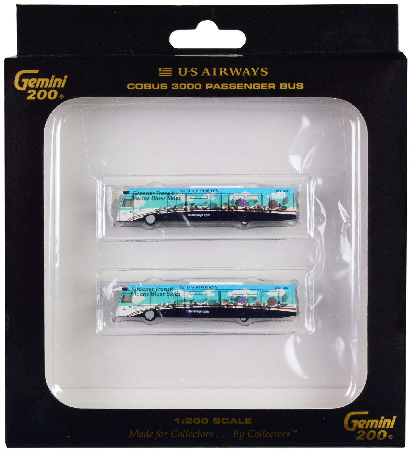Cobus 3000 Passenger Bus White and Blue with Graphics "US Airways Shuttle - Greener Transit" 2 Piece Set "Gemini 200" Series Diecast Models by GeminiJets <h2>Cobus GeminiJets</h2> <p>High-quality mode
