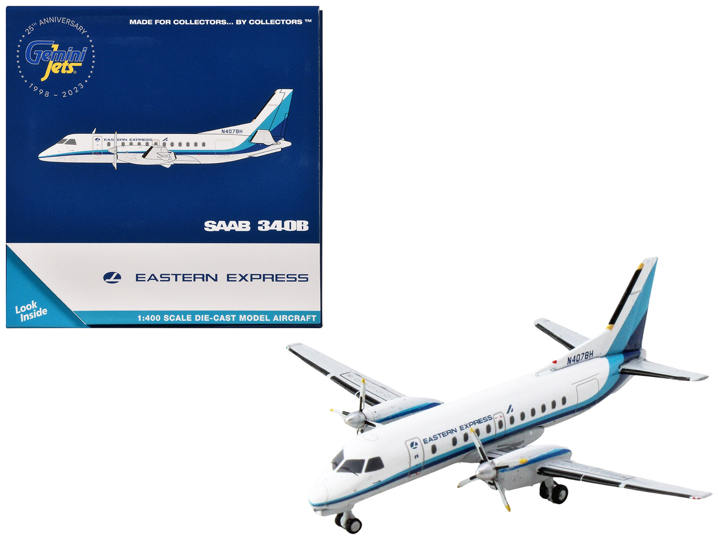 Saab 340B Commercial Aircraft "Eastern Express" (N407BH) White with Blue Stripes 1/400 Diecast Model Airplane by GeminiJets <h2>Saab GeminiJets</h2> <p>High-quality car perfect for collectors and enth